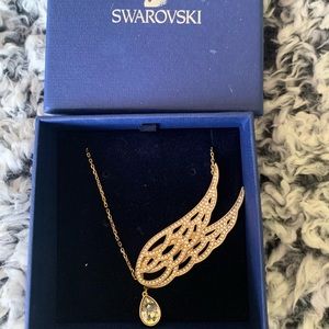 Swarovski Gold Tone Wing Pendant Necklace with Clear Crystal Teardrop